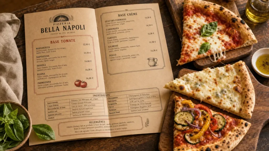 Carte pizzeria avec base tomate et pizzas végétariennes, menus et tarifs