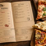 Carte pizzeria avec base tomate et pizzas végétariennes, menus et tarifs