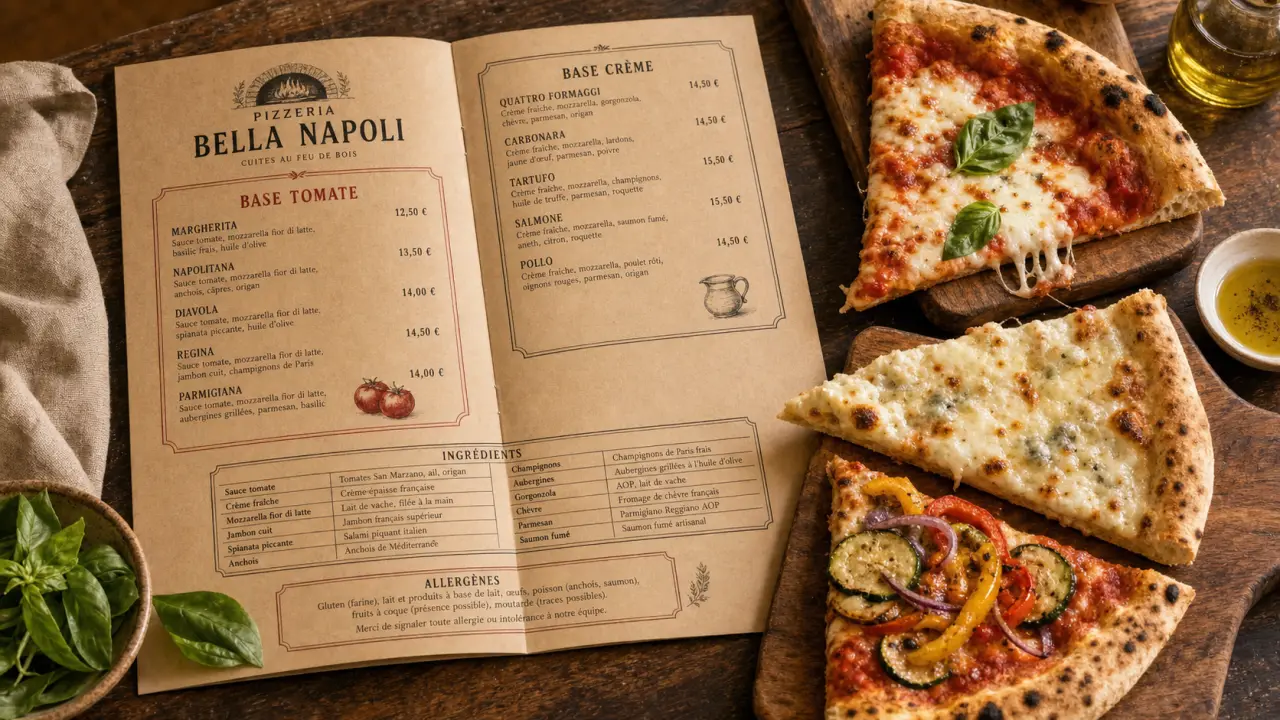 Carte pizzeria avec base tomate et pizzas végétariennes, menus et tarifs