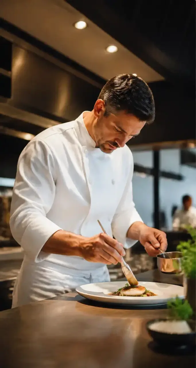 Chef dressant une assiette gastronomique en cuisine ouverte