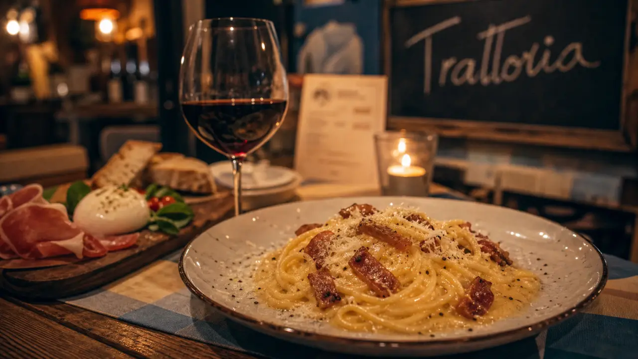 E trattoria : table italienne avec carte rétro et antipasti