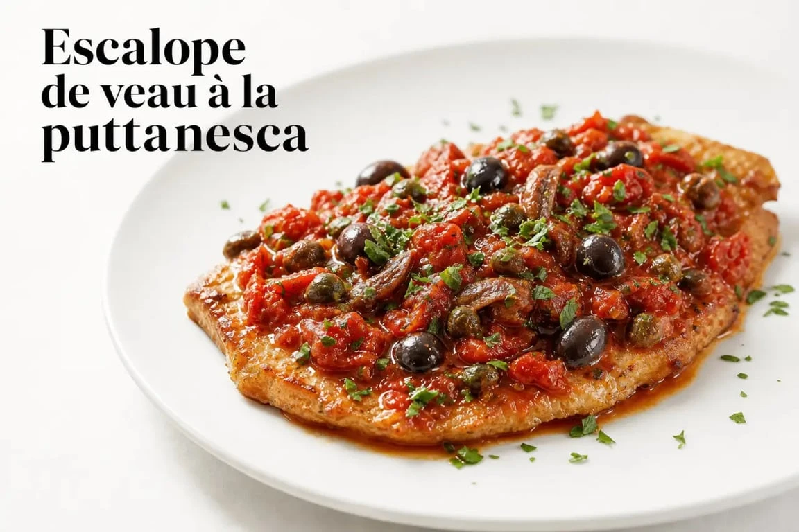 Assiette d'escalope de veau à la puttanesca avec sauce tomate, olives et câpres