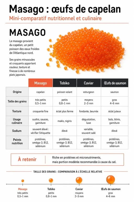 Capelan oeuf : infographie comparative masago, tobiko, caviar et œufs de saumon