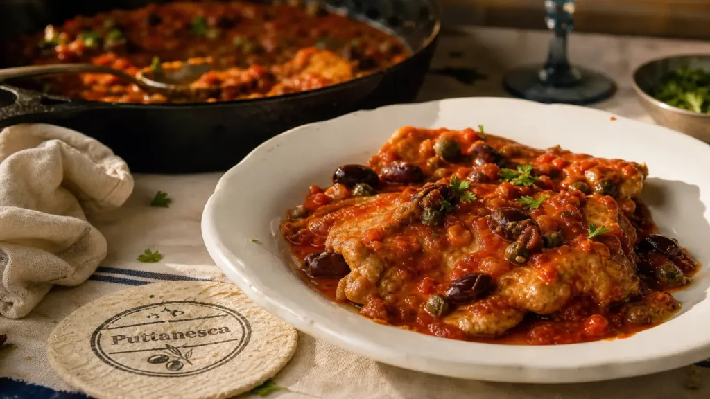 Escalope de veau à la putanesca, sauce tomate aux olives et câpres