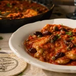 Escalope de veau à la putanesca, sauce tomate aux olives et câpres