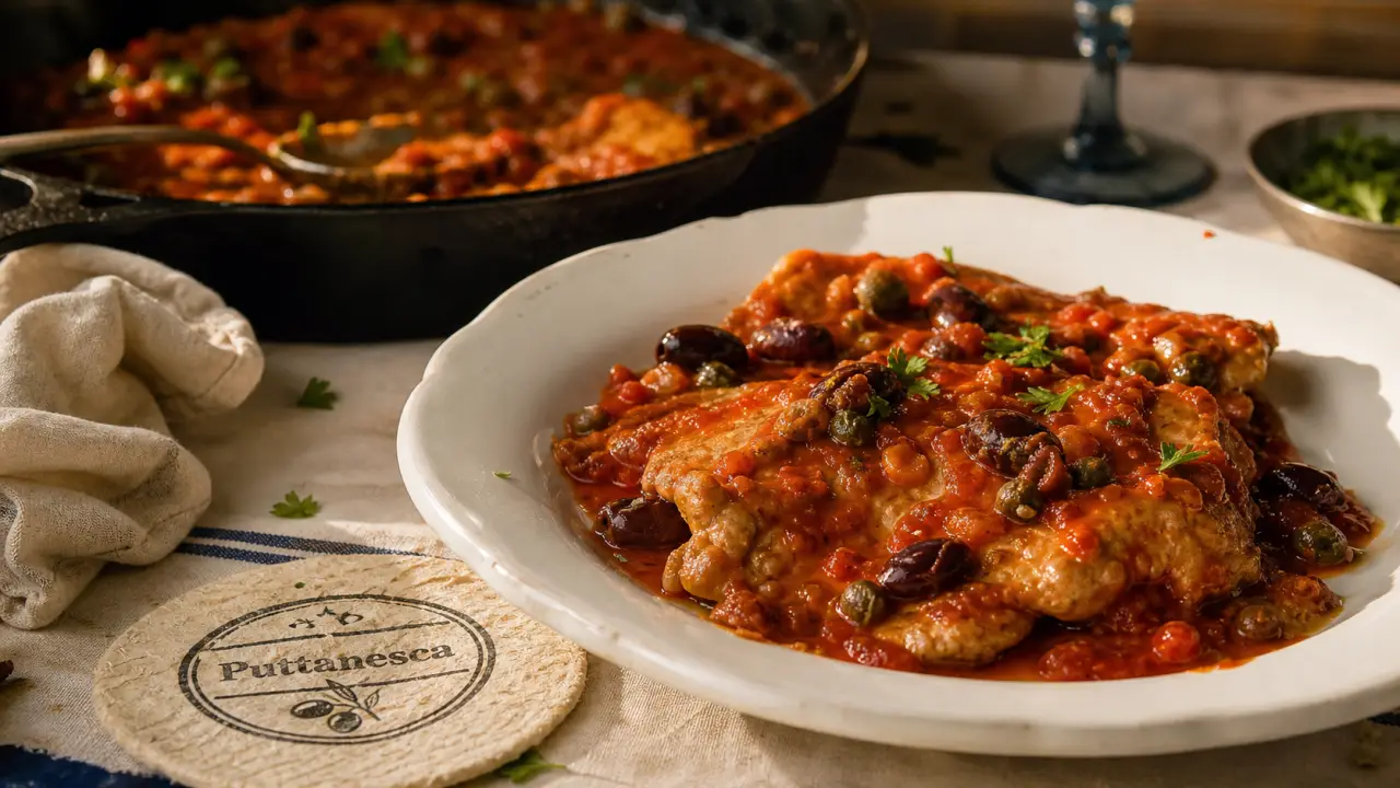 Escalope de veau à la putanesca, sauce tomate aux olives et câpres
