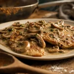 Escalope de veau flambée au cognac, sauce crème aux champignons