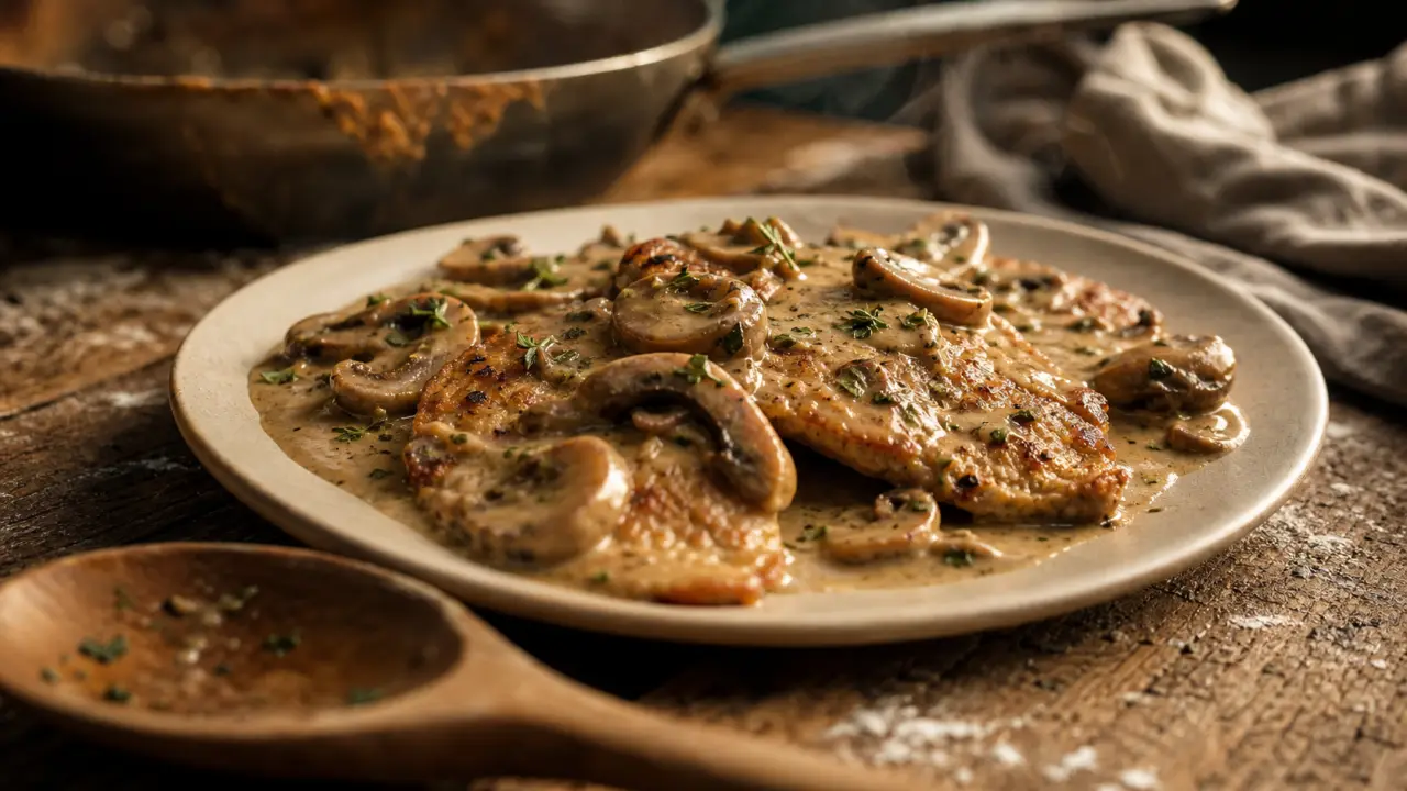 Escalope de veau flambée au cognac, sauce crème aux champignons