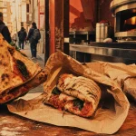 Magna street food : pizza napolitaine portafoglio et rotolò sur papier kraft