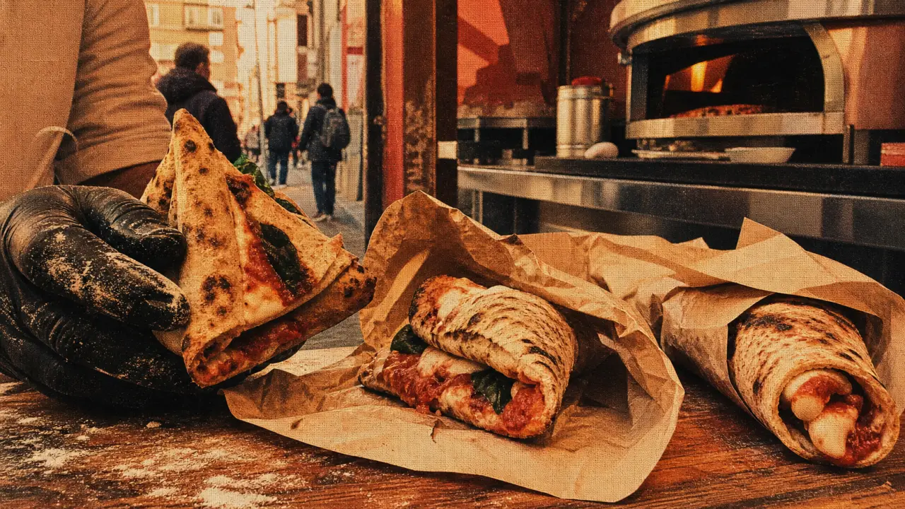Magna street food : pizza napolitaine portafoglio et rotolò sur papier kraft