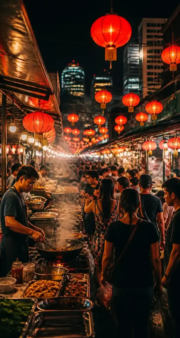 Marche de street food asiatique illumine la nuit