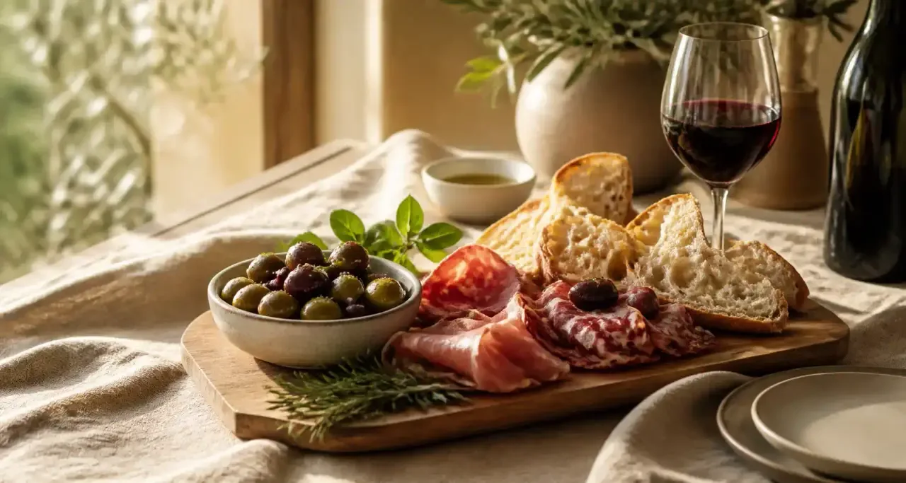Plateau de degustation : charcuterie fine, pain artisanal et vin rouge