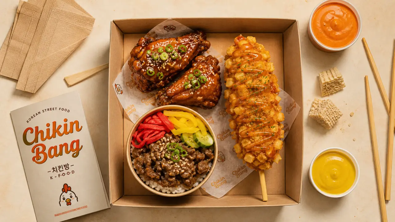 Chikin Bang Korean street food aux arcades : ailes de poulet et corn dog coréen