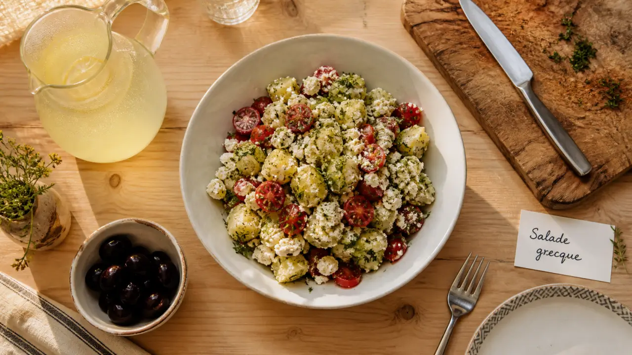 Cuisine et vin de france recettes : salade grecque de saison, pommes de terre et feta