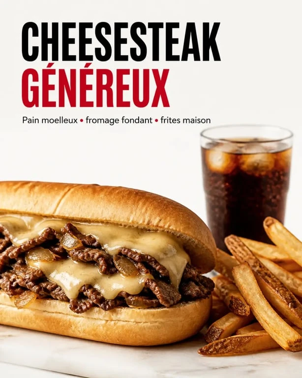 Philly Soul street food américaine : cheesesteak généreux avec frites et soda américain