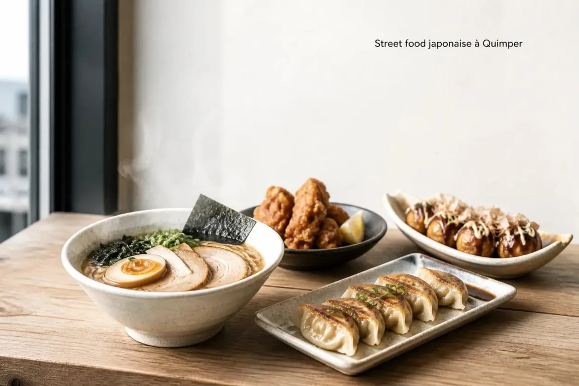 Ryoshi Street Food à Quimper, assortiment de street food japonaise avec ramen, gyoza, karaage et takoyaki
