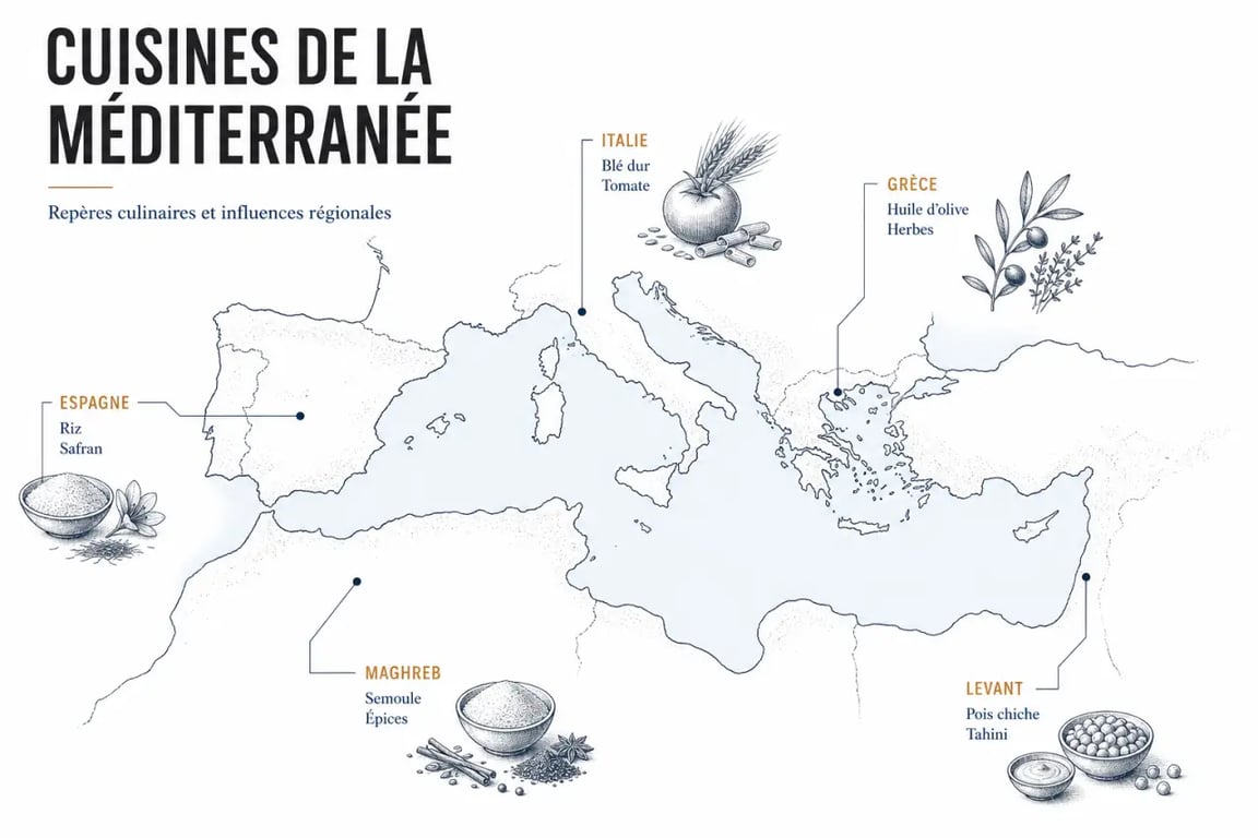 Cuisine méditerranéenne : carte du bassin méditerranéen et diversité des traditions culinaires