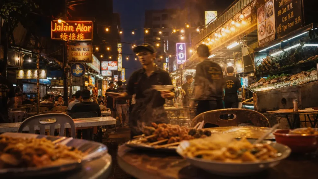 Jalan Alor food street kuala lumpur la nuit, brochettes et nouilles, foule