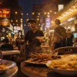Jalan Alor food street kuala lumpur la nuit, brochettes et nouilles, foule