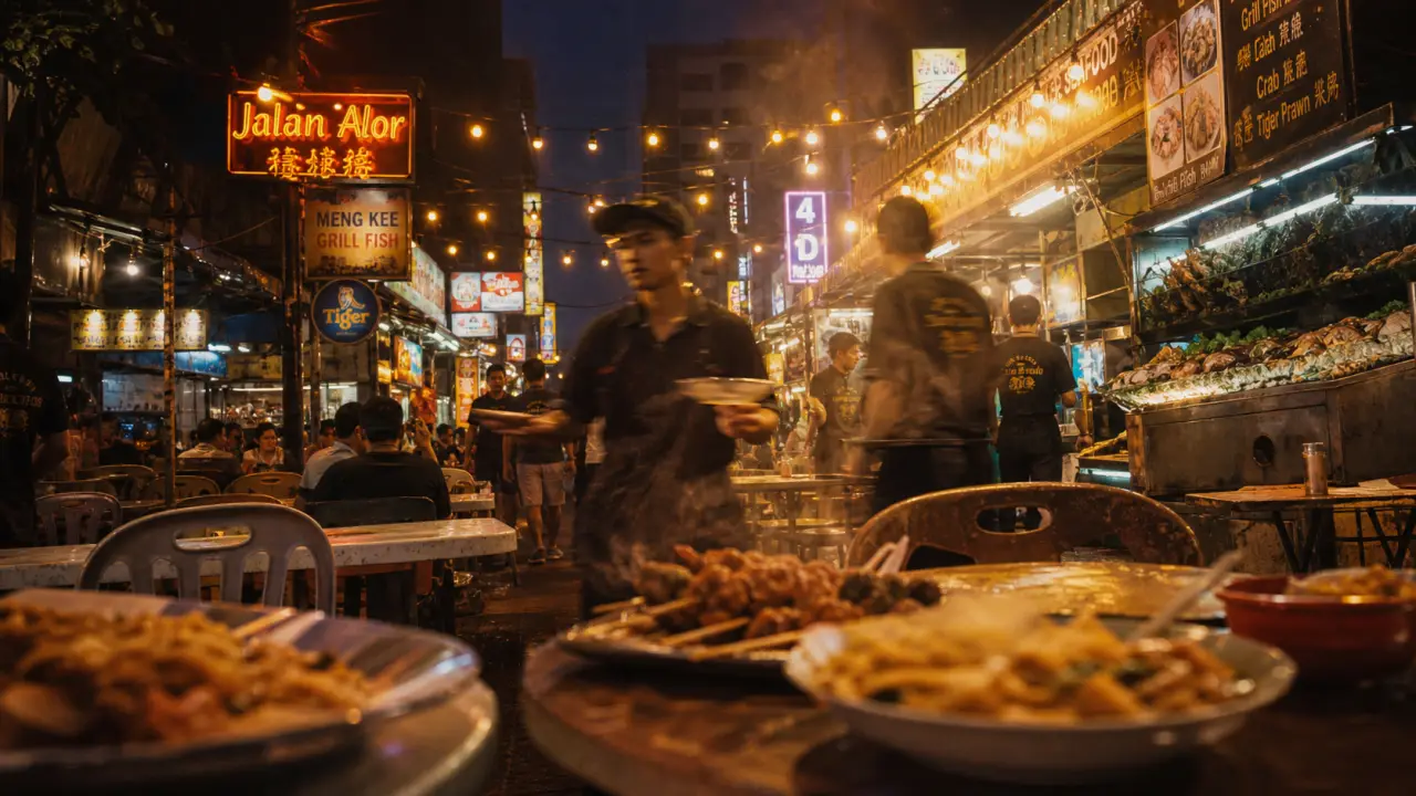 Jalan Alor food street kuala lumpur la nuit, brochettes et nouilles, foule