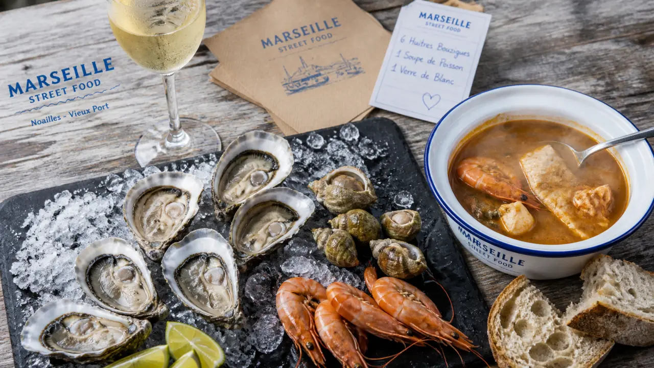 La mer street food coquillages : huîtres sur glace près du Vieux-Port à Marseille