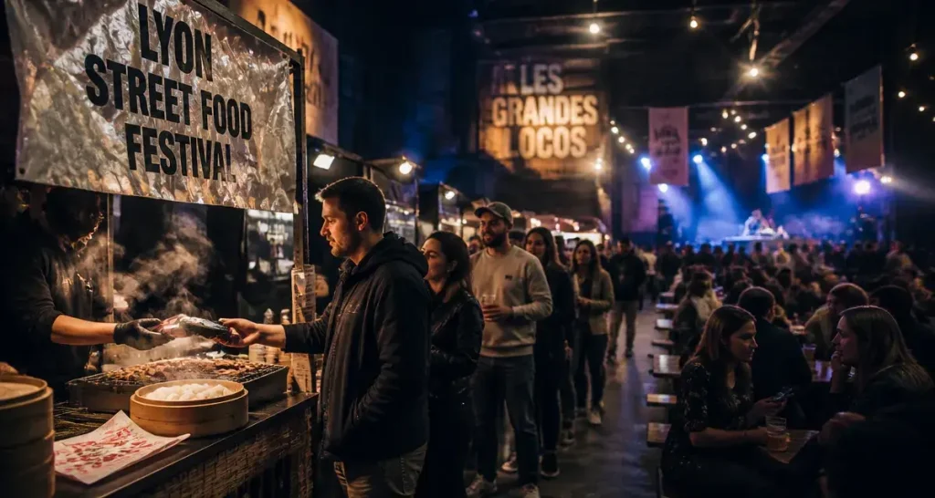 Lyon street food festival : file cashless devant un stand fumant à Lyon