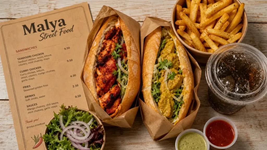 Malya Street Food : sandwich poulet tandoori et poulet curry, frites, sauces