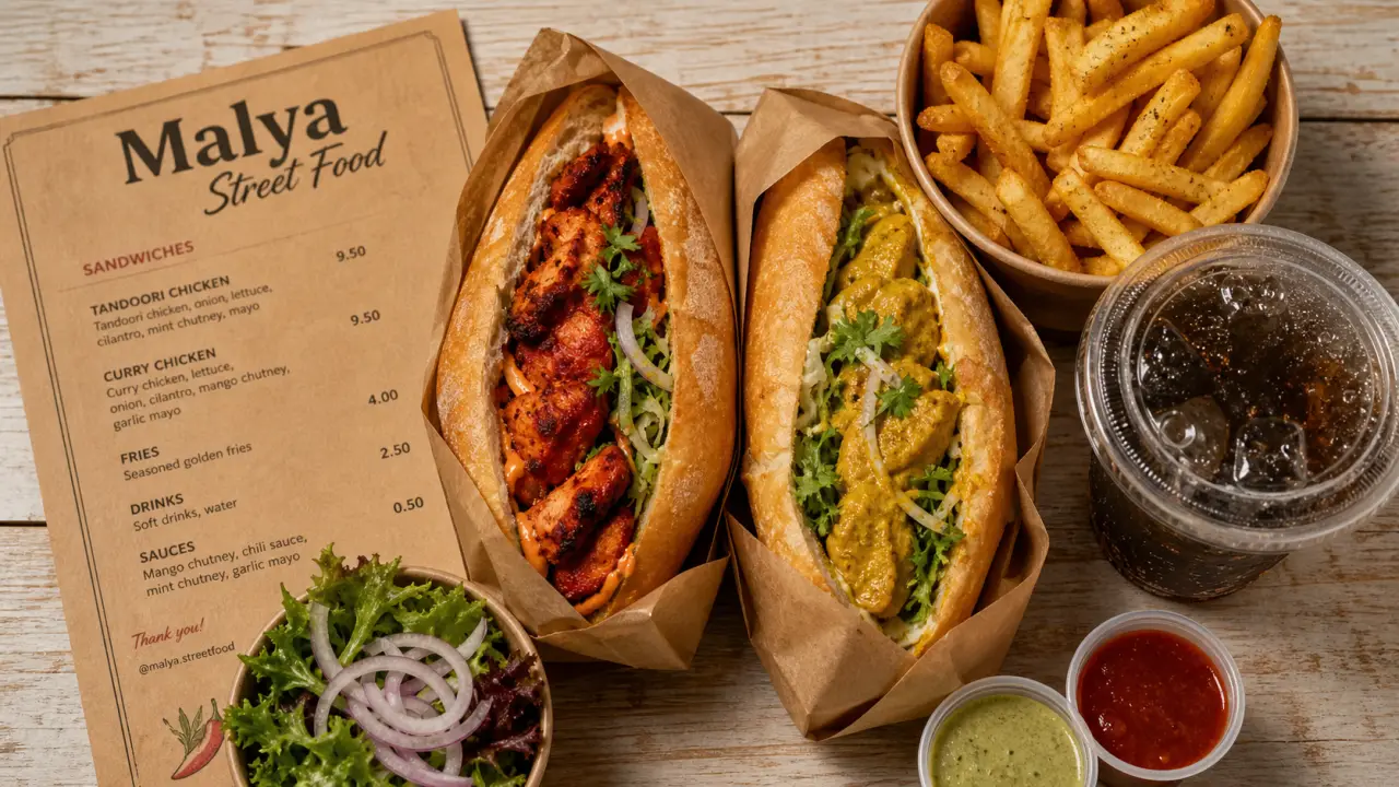 Malya Street Food : sandwich poulet tandoori et poulet curry, frites, sauces