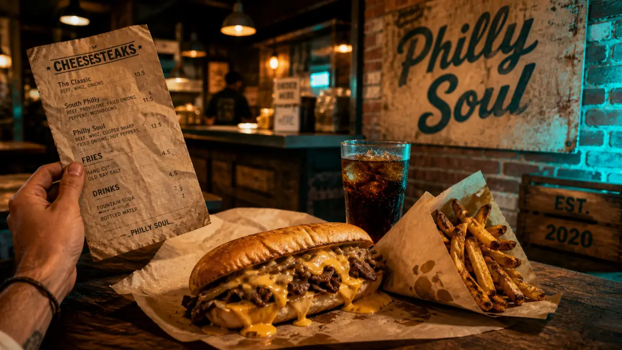 Philly Soul street food américaine : cheesesteak, frites et soda givré