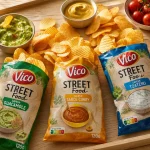 vico street food 120g : chips aromatisées avec dips tzatziki guacamole et curry
