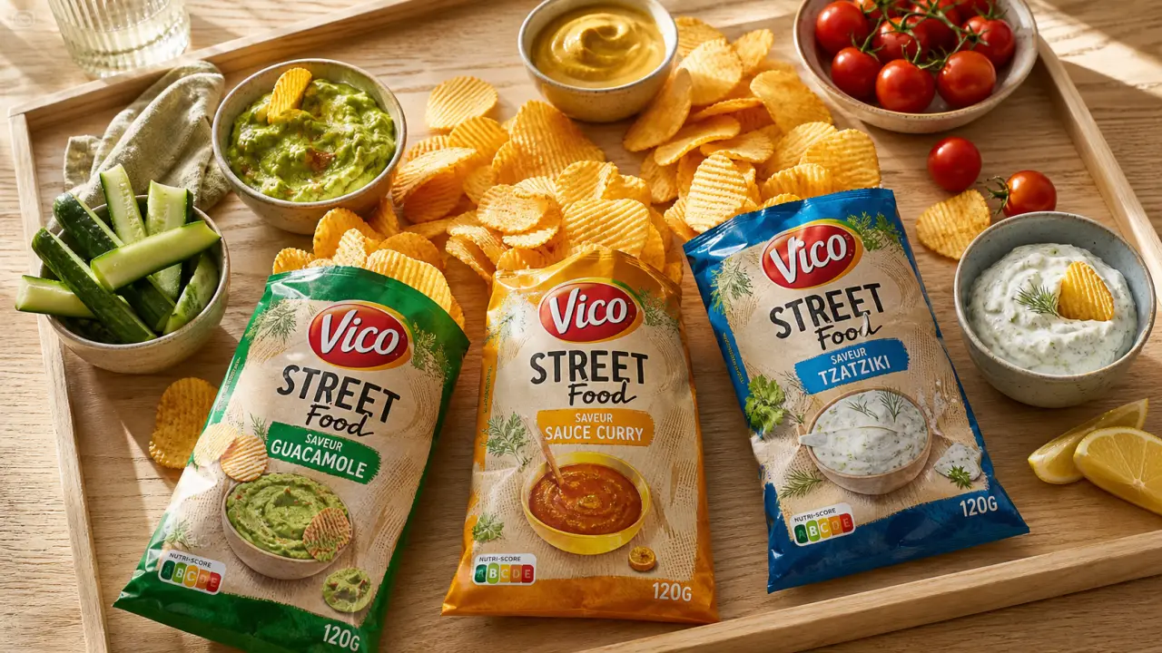 vico street food 120g : chips aromatisées avec dips tzatziki guacamole et curry