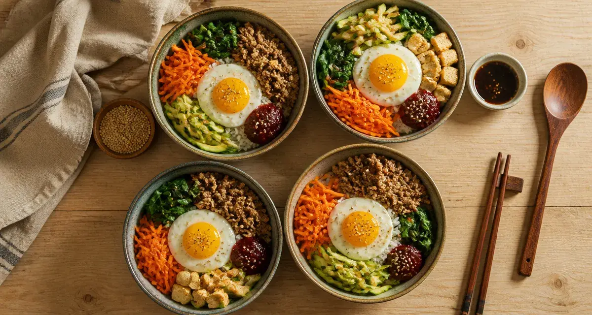 Voyage en cuisine recettes : bols de bibimbap coréen maison, œuf, légumes et gochujang