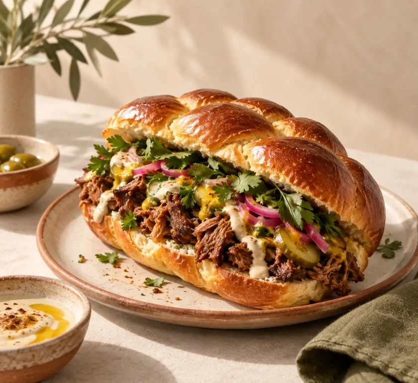 Sandwich en hallah de Nissi street food levantine avec pickles et sauces maison