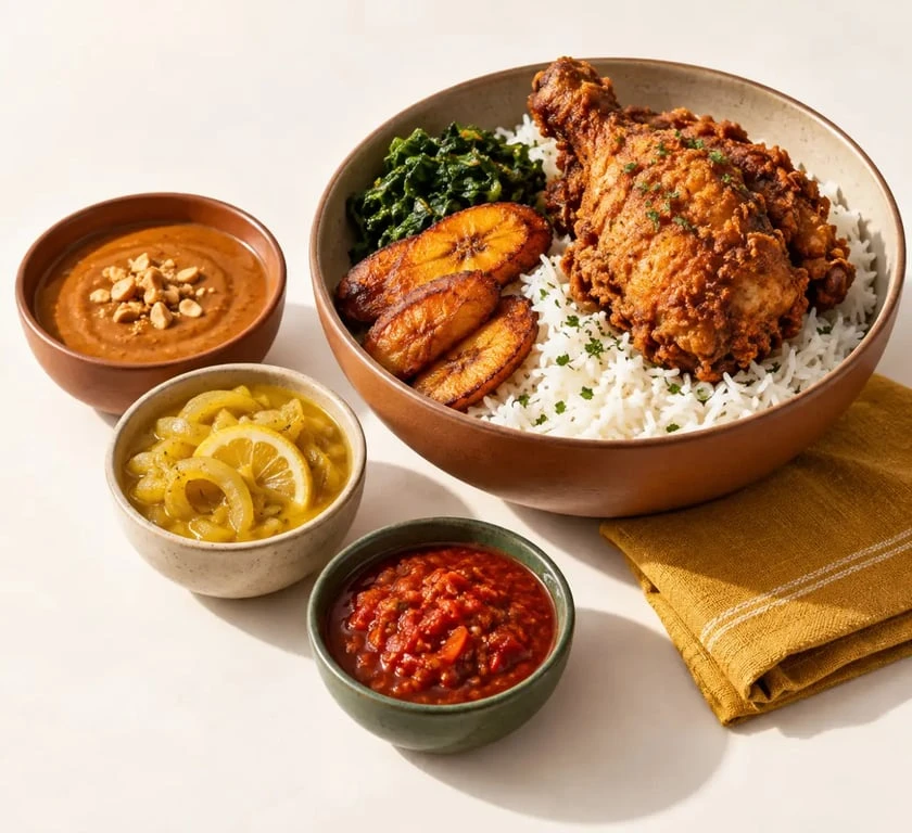 African street food à Tours avec riz parfumé, mafé, yassa et sauce pimentée