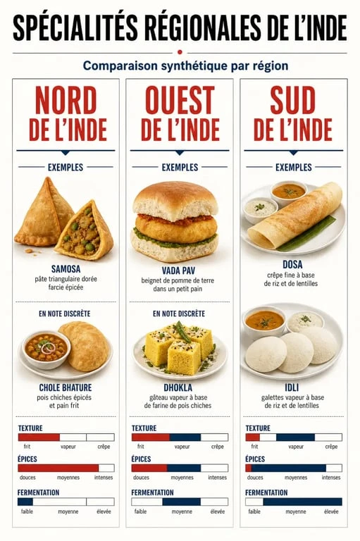 Street food indien par régions avec spécialités du Nord, de l’Ouest et du Sud