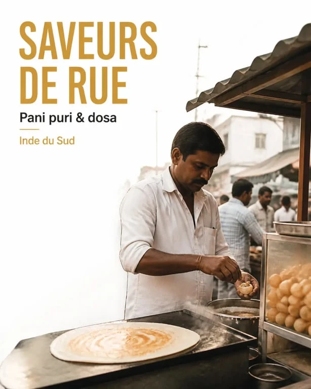 Street food indien dans une échoppe animée avec pani puri et dosa préparés sous les yeux