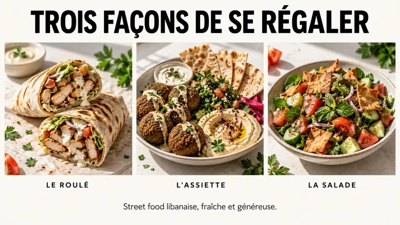 Noura Street Food avec sandwich libanais, assiette et salade