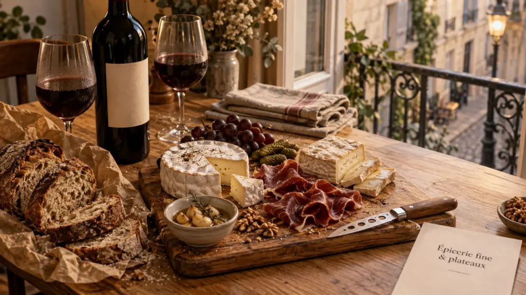 Épicerie fine huguette & henri : plateau fromages et charcuterie, vin et pain