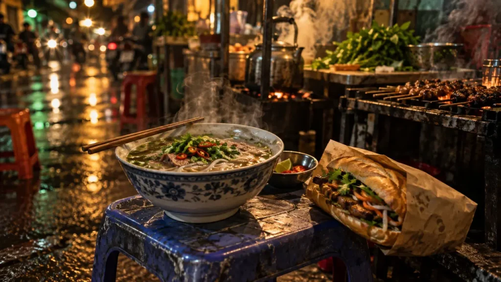 Food street vietnam : phở et bánh mì fumants sur stand de rue