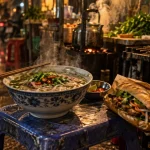 Food street vietnam : phở et bánh mì fumants sur stand de rue