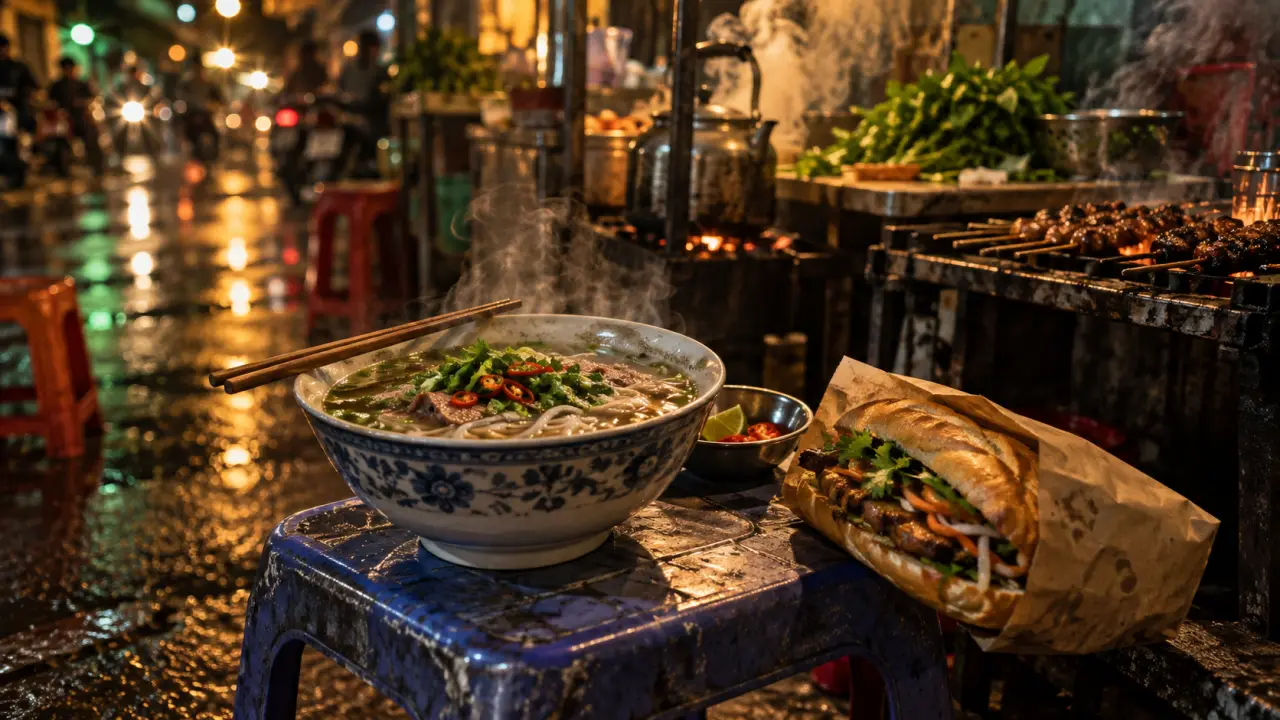 Food street vietnam : phở et bánh mì fumants sur stand de rue