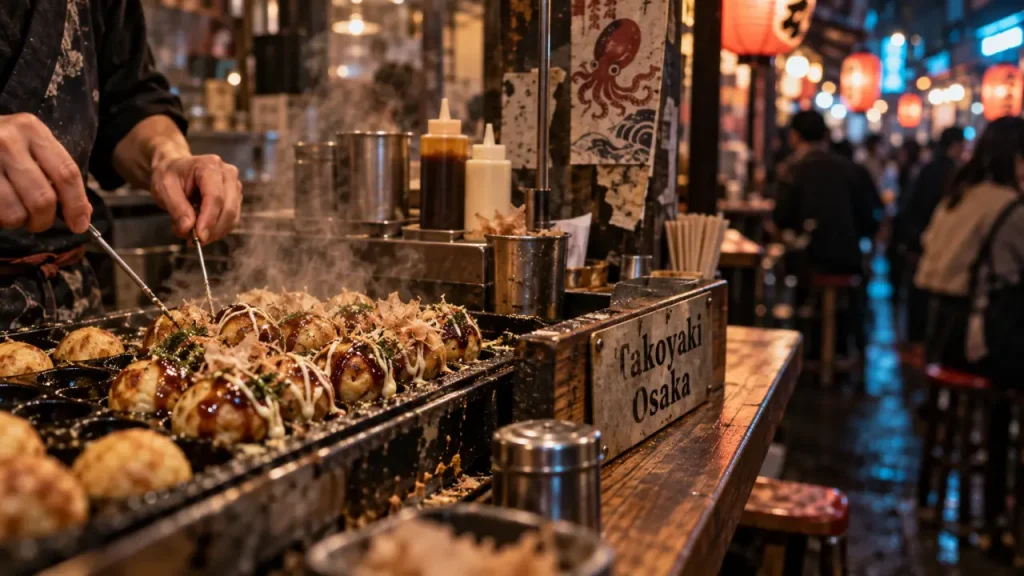 Japanese street food : takoyaki fumant dans un yatai nocturne au Japon