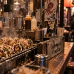 Japanese street food : takoyaki fumant dans un yatai nocturne au Japon