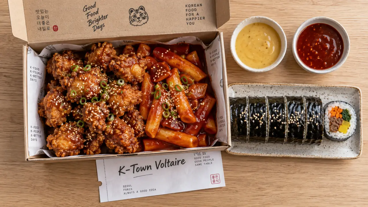 k-town street food voltaire : wings boneless et tteokbokki sauce rouge