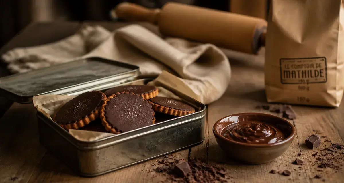 Le comptoir de mathilde - chocolaterie & épicerie fine : biscuits sablés chocolat noir sur comptoir en bois