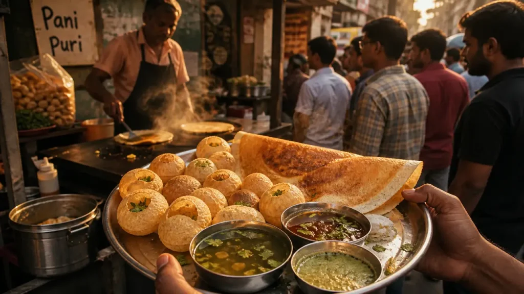 Street food indien : pani puri et dosas fumants sur un stand