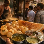 Street food indien : pani puri et dosas fumants sur un stand