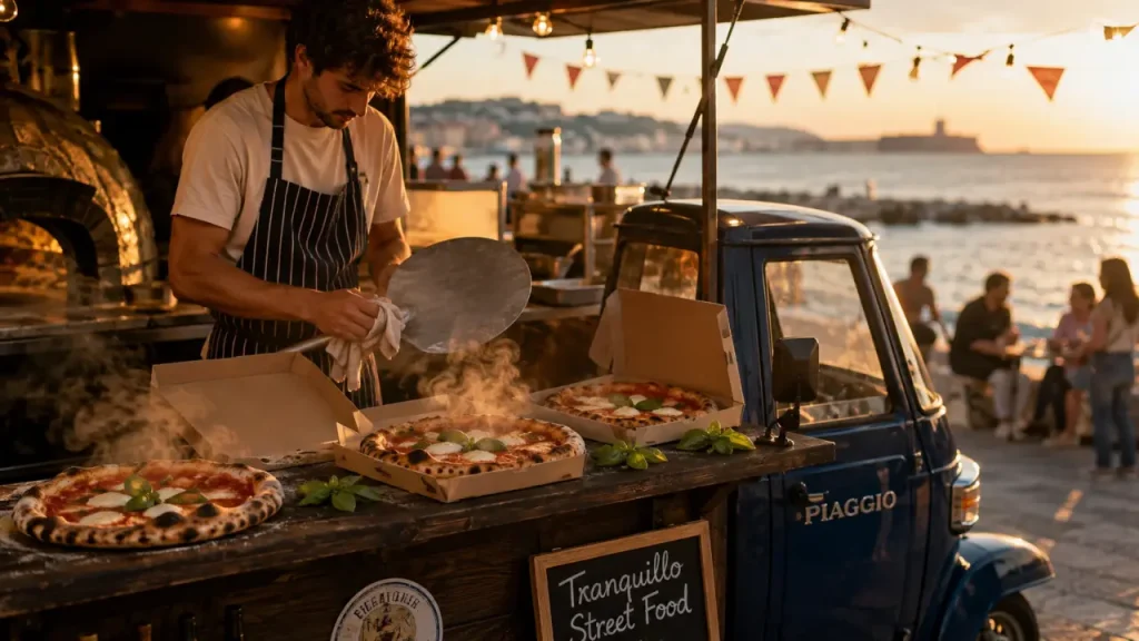 Triporteur Piaggio Tranquillo street food, pizza napolitaine et vue mer à Marseille