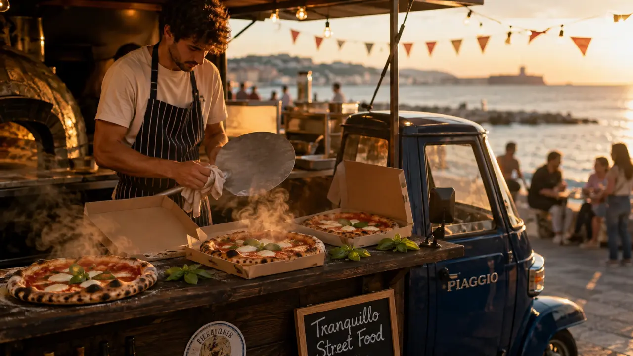 Triporteur Piaggio Tranquillo street food, pizza napolitaine et vue mer à Marseille
