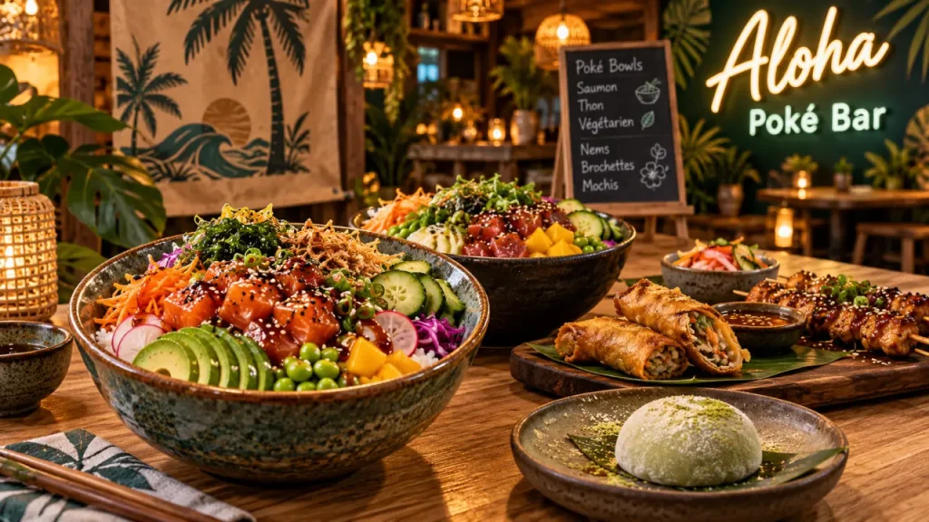Aloha pokē bar & thaï street food : bols poké et nems sur table bois clair